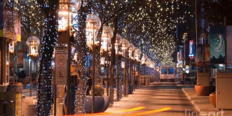 photo taken down the 16th Street Mall length in the evening and all of the trees are decorated with white and blue lights for the holidays.