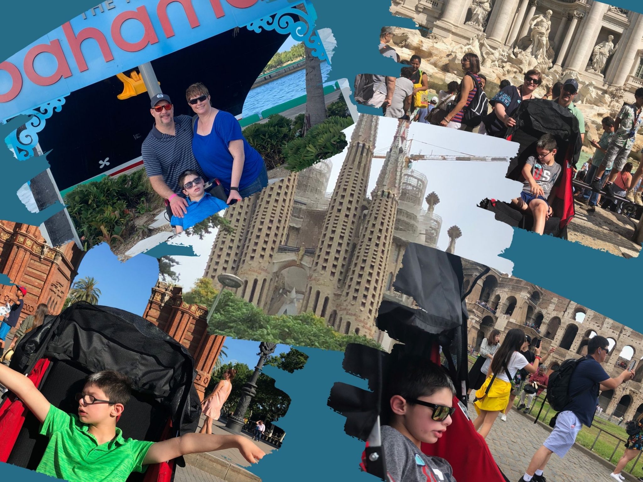 multiple family photos of youth and caucasian parents at the Coliseum and Trevi Fountain in Rome, la sagrada familia in barcelona, and in front of a Barcelona sign