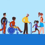 line of multicultural icons utilizing different mobility itesm - wheelchair, walker, crutches, cane, stroller