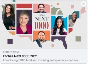 logo for Forbes Next 1000 included within a graphic of the continental US map. Headshots are included within the graphic as well