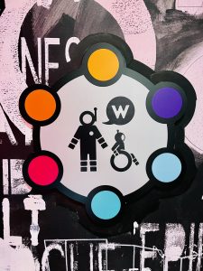 women's restroom sign showing a graphic of standing person and person in a wheelchair as aliens