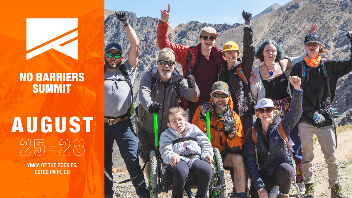 cheering crowd of 10+ people of different abilities cheering next to No Barriers summit details. Text: No Barriers Summit. August 25-28. YMCA of the Rockies. Estes Park, CO.